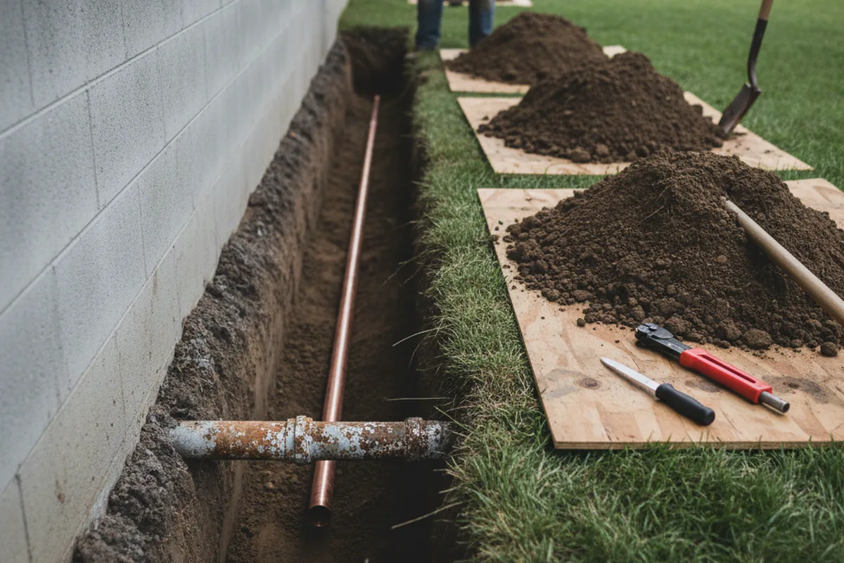 Excavated water line trench during Water Softener Installation in Oneida